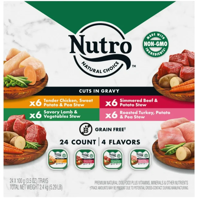 (24) Nutro Natural Grain Free Cuts In Gravy Beef, Lamb, Chicken, And Turkey Adult Wet Dog Food Variety Pack, 3.5 Oz Trays