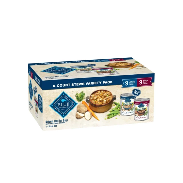 Blue Buffalo Blue's Stew Natural Wet Dog Food, Hearty Beef and Country Chicken Variety Pack, 12.5-oz. Cans (6 Count- 3 of Each Flavor)