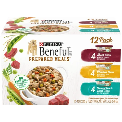Purina Beneful Prepared Meals Wet Dog Food Soft Real Beef, Chicken & Lamb Stew, 10 oz Tubs (12 Pack)