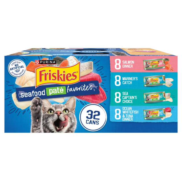 Purina Friskies Pate Seafood Favorites Variety Pack, Wet Cat Food, 5.5 oz Cans, 32 Pack