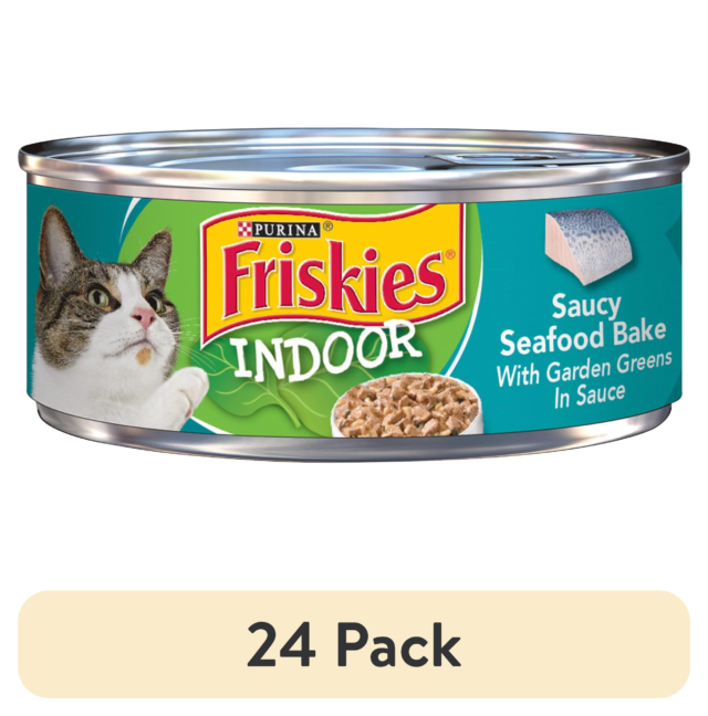 (24 pack) Purina Friskies Indoor Saucy Seafood Bake, Wet Cat Food, 5.5 oz Can