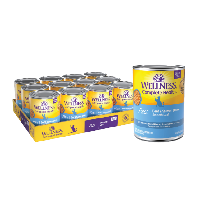 Wellness Complete Health Natural Grain Free Wet Canned Cat Food, Beef & Salmon Pate, 12.5-Ounce Can (Pack of 12)