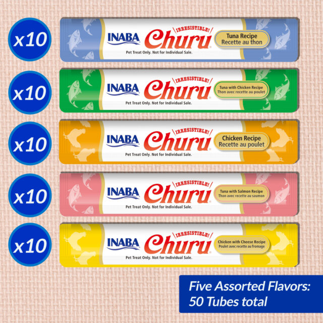 INABA Churu Creamy, Lickable Purée Cat Treat w Taurine, 0.5 oz, 50 Tubes, Tuna & Chicken Variety