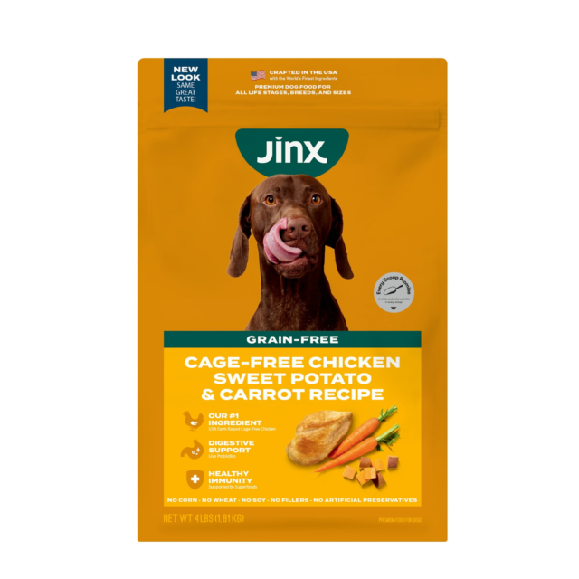 Jinx Cage-Free Chicken, Sweet Potato & Carrot Dry Dog Food, Grain Free, 4 lb. Bag