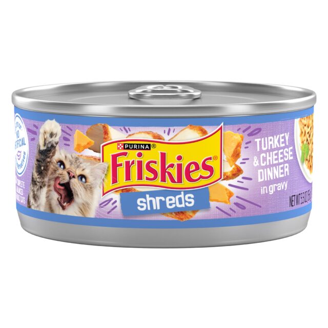 (12 pack) Purina Friskies Shreds Turkey and Cheese Dinner in Gravy, Wet Cat Food, 5.5 oz Can