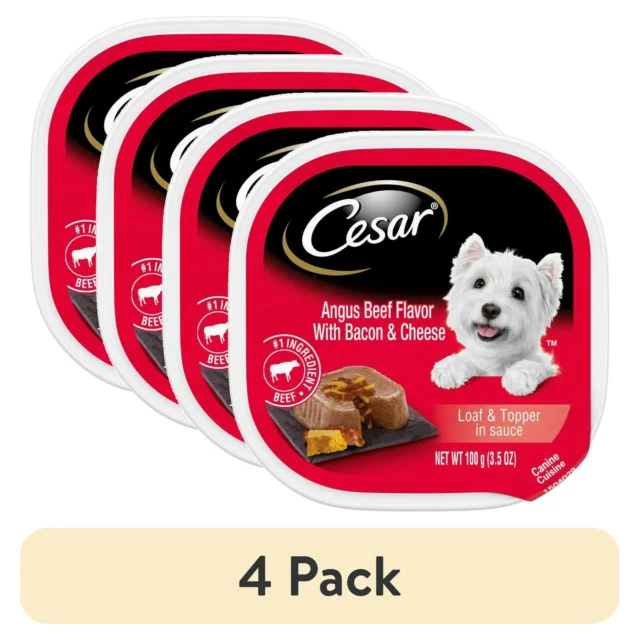 (4 pack) Cesar Loaf And Topper Angus Beef With Bacon And Cheese Wet Dog Food, 3.5 Oz Tray