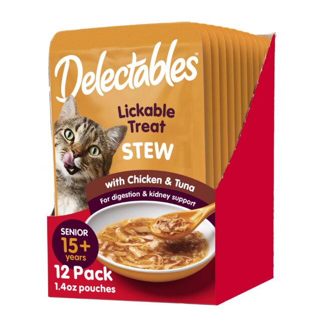 Hartz Delectables Stew Senior 15+ Chicken & Tuna Lickable Wet Cat Treat, 1.4oz Pouch (12 Pack)