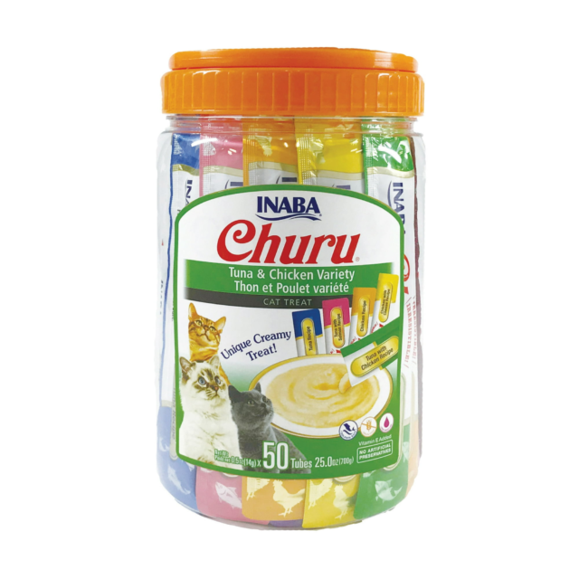 INABA Churu Creamy, Lickable Purée Cat Treat w Taurine, 0.5 oz, 50 Tubes, Tuna & Chicken Variety