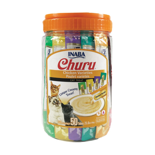 INABA Churu Creamy, Lickable Purée Cat Treat w Taurine, 0.5 oz, 50 Tubes, Chicken Variety