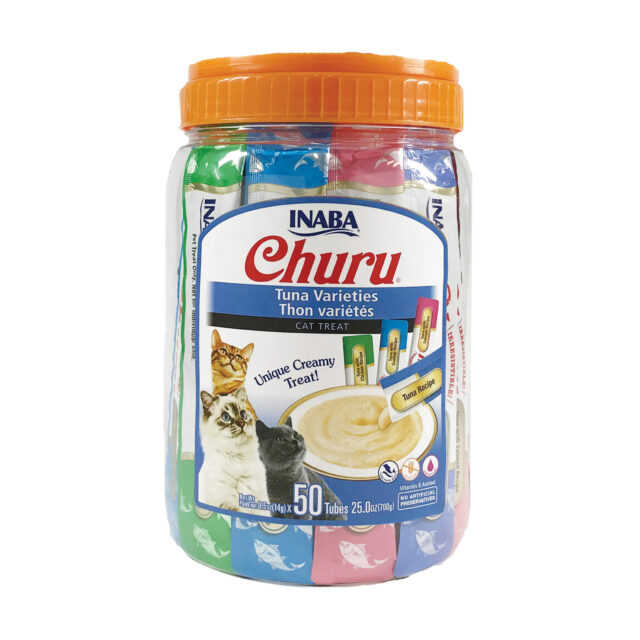 INABA Churu Creamy, Lickable Purée Cat Treat w Taurine, 0.5 oz, 50 Tubes, Tuna Variety