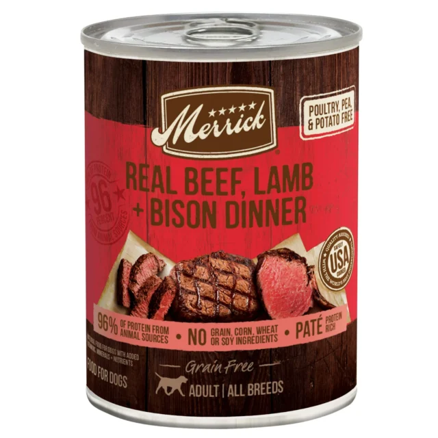 Merrick Grain Free Wet Dog Food for Adults, Real Beef, Lamb & Bison, 12.7 oz Cans (12 Pack)