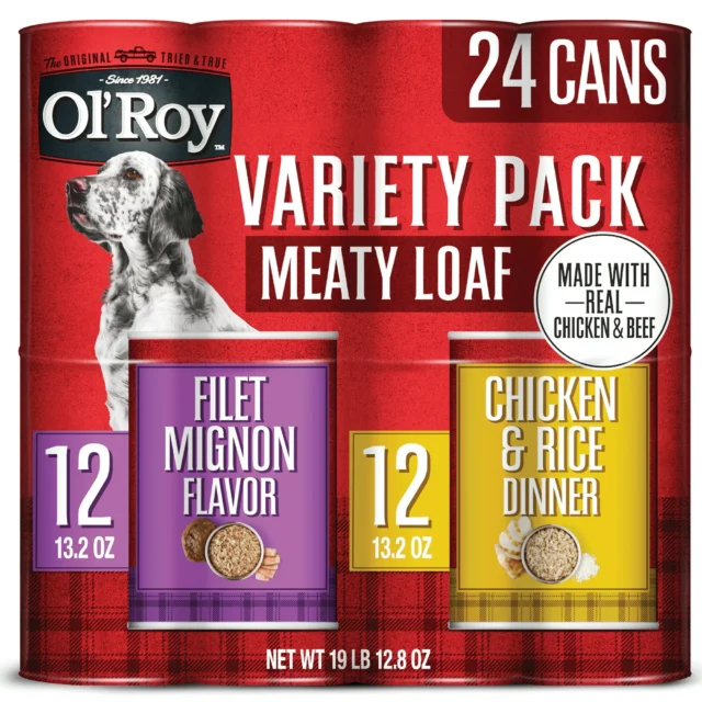 Ol' Roy Filet Mignon Flavor and Chicken & Rice Dinner Meaty Loaf Wet Dog Food Variety Pack for Dogs, 13.2 oz Cans (24 pack)