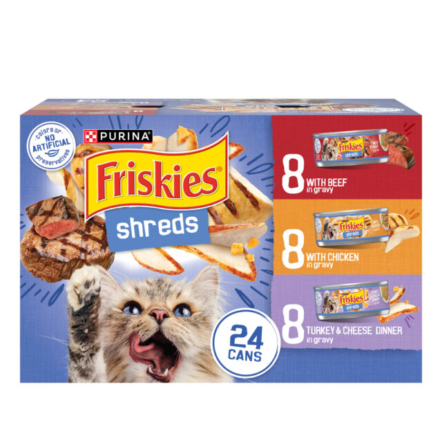 Purina Friskies Gravy Shreds, Beef, Chicken, Turkey and Cheese, Wet Cat Food, 5.5 oz Can, 24 Pack