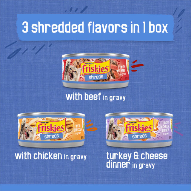 Purina Friskies Gravy Shreds, Beef, Chicken, Turkey and Cheese, Wet Cat Food, 5.5 oz Can, 24 Pack - Image 5